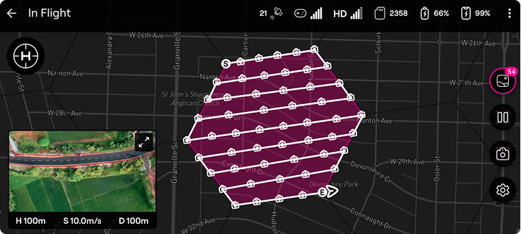 Contract-period Spexi in-flight interface showing an automated capture route and live drone imagery