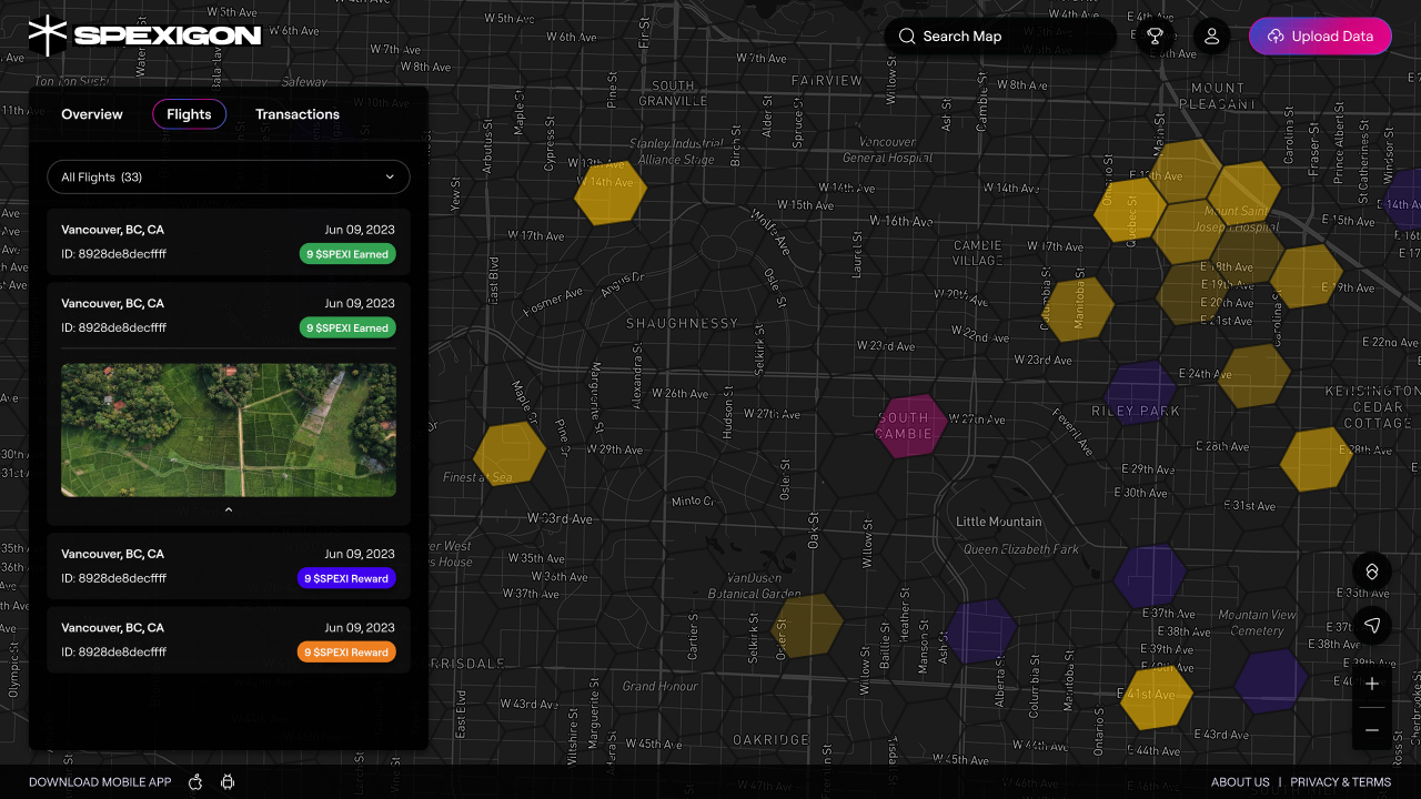 Contract-period Spexi desktop flight history beside a map of capture zones