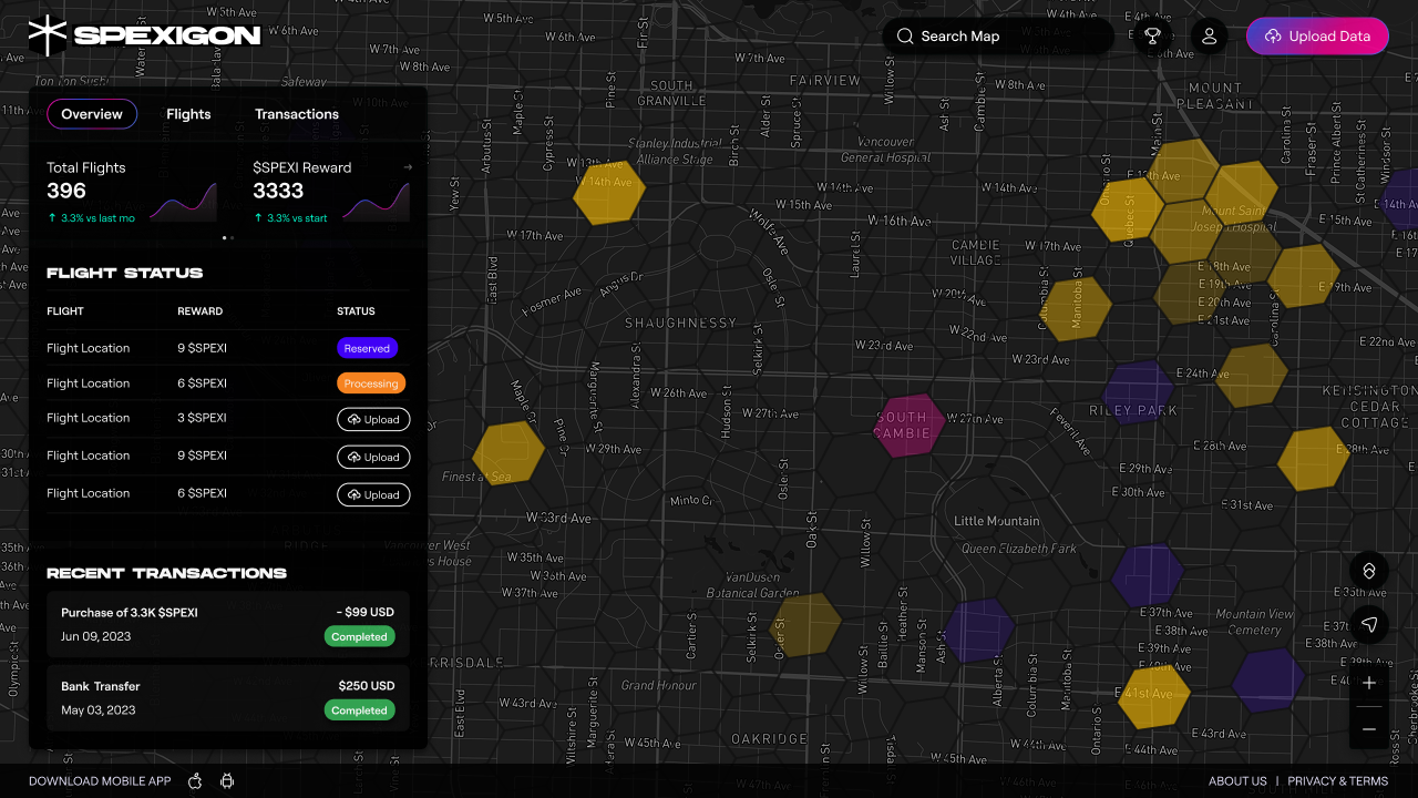 Spexi desktop overview connecting mapped capture zones, flight status, and rewards