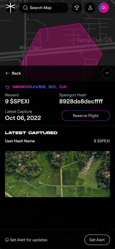 Contract-period Spexi mobile mission detail with reward, capture recency, imagery preview, reservation, and alert actions