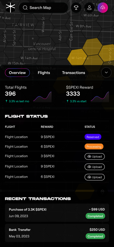 Contract-period Spexi mobile overview showing total flights, rewards, flight statuses, and recent transactions