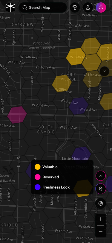Contract-period Spexi mobile map with valuable, reserved, and freshness-lock zone legend