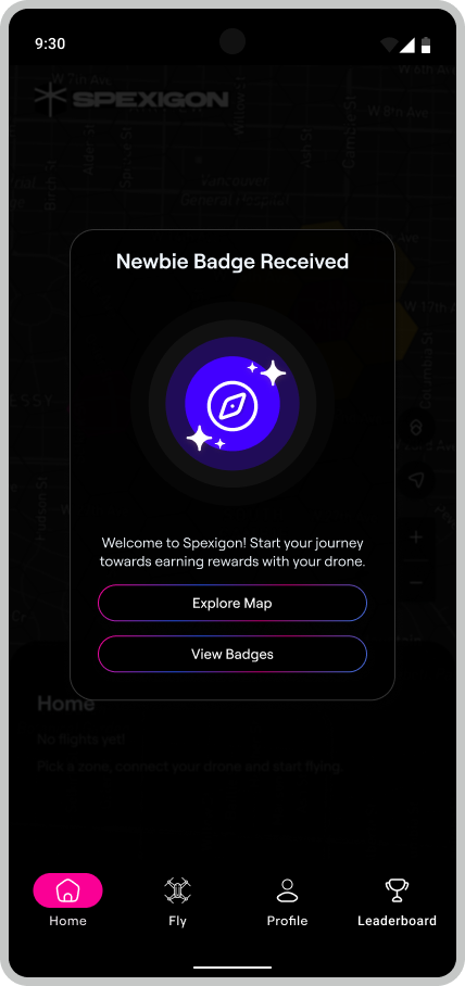 Contract-period Spexi Newbie Badge modal with actions to explore the map or view badges