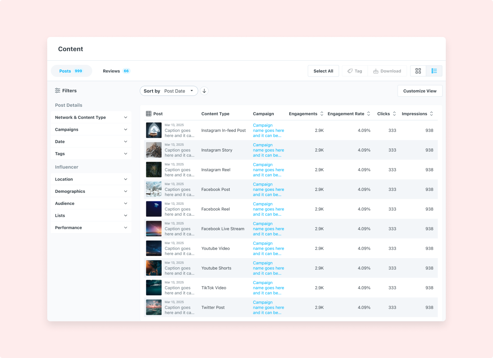 Later Content Library showing filters, assets, and content-management controls