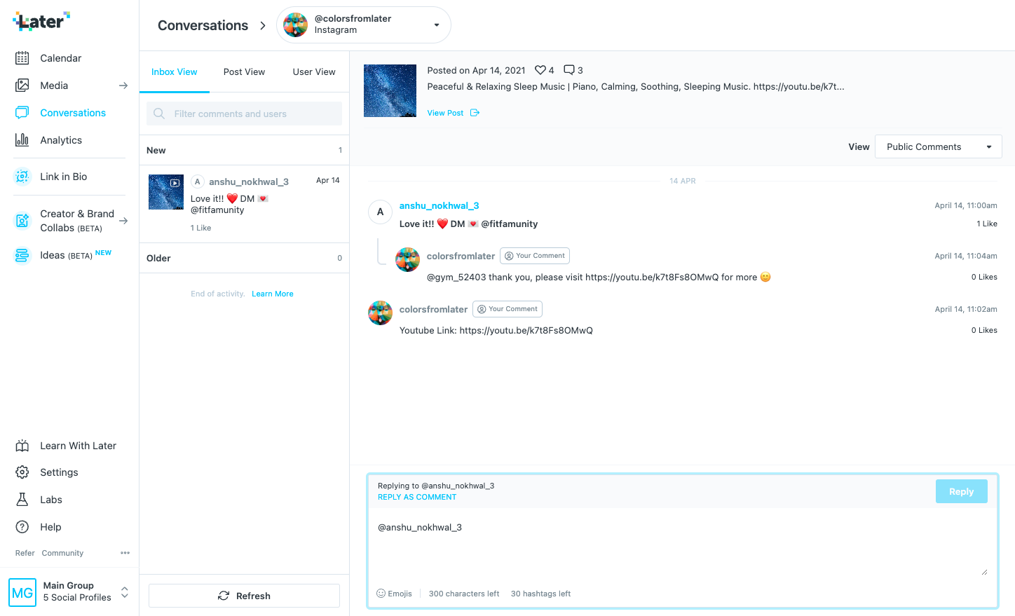 Later Conversations with a selected Instagram post, public comments, and an inline reply composer