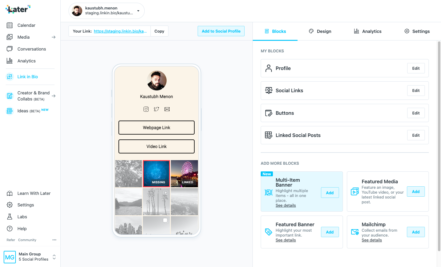 Linkin.bio editor with page settings and a live preview