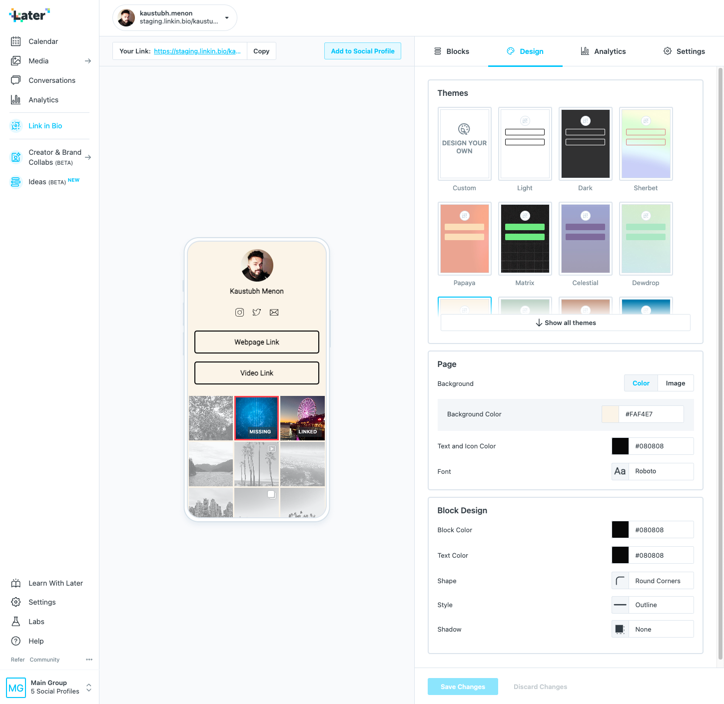 Linkin.bio Design tab with themes, colors, typography, block styling, and a live phone preview