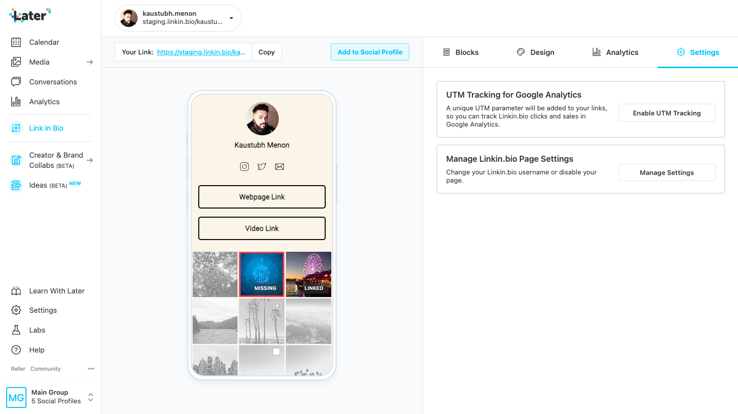 Linkin.bio settings with UTM tracking controls and a live phone preview
