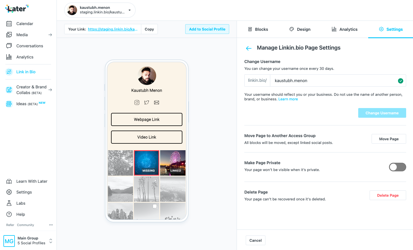 Linkin.bio page management settings for username, access group, privacy, and deletion