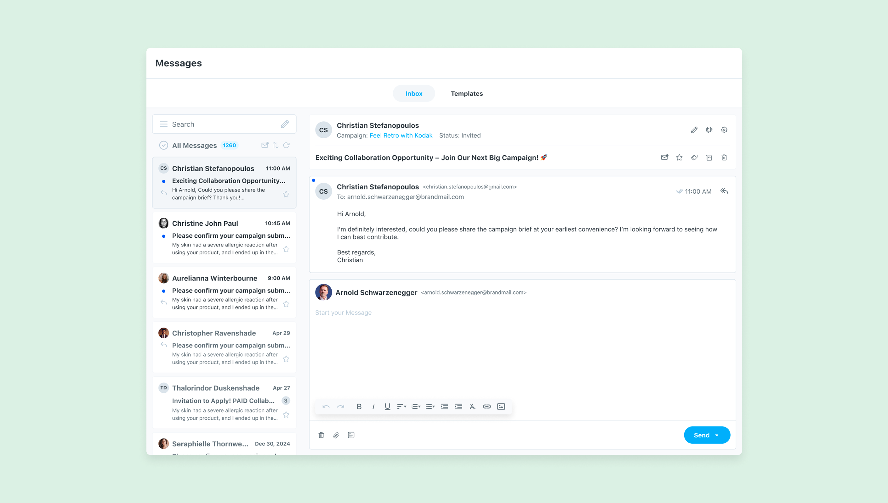 Later inbox showing conversation navigation, message content, and an inline reply composer