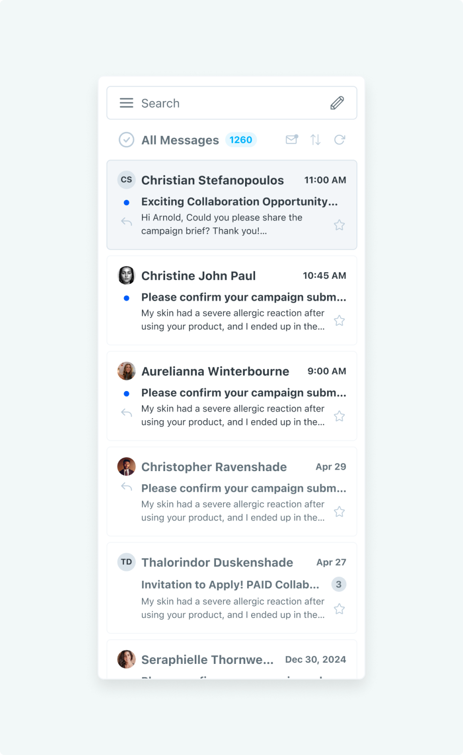 Later inbox list showing message-card hierarchy