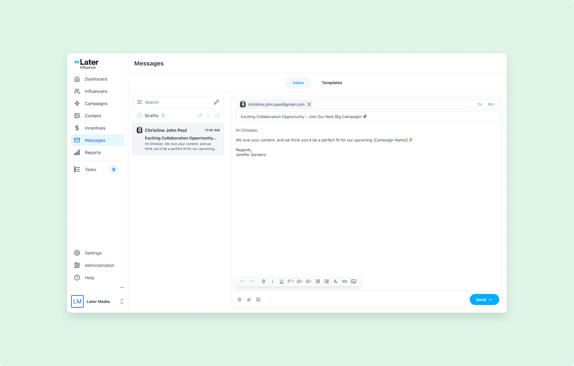 Full Later product shell containing the redesigned messaging workflow