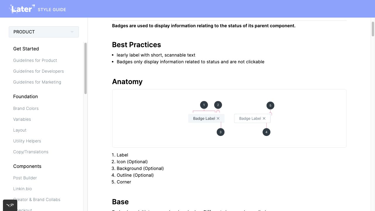 Later product system documentation explaining the anatomy of a badge component