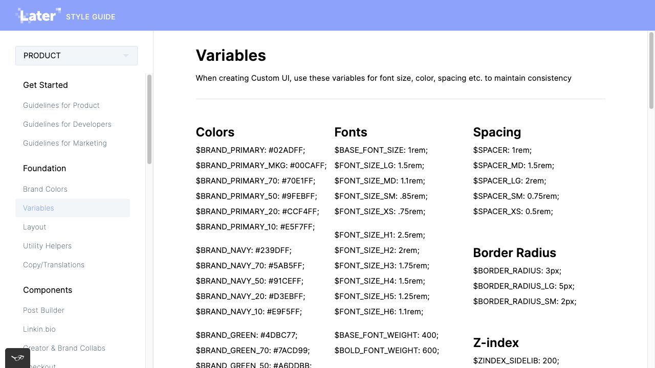 Later product system documentation showing variable and foundation guidance