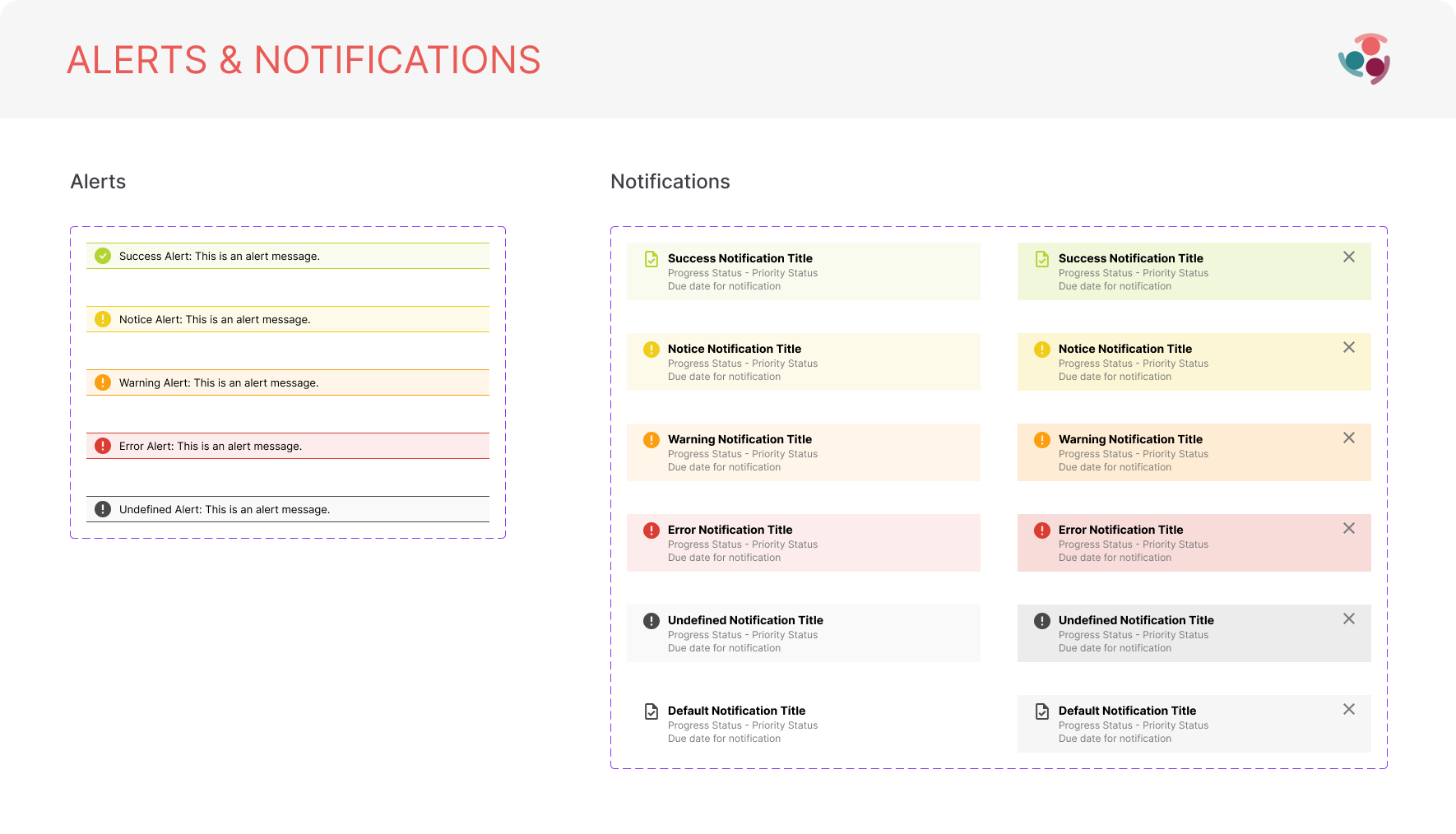 Simply Stakeholders alert and notification variants for success, notice, warning, error, undefined, and default states