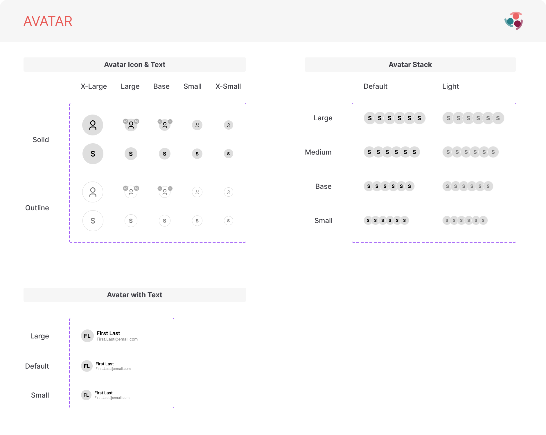 Simply Stakeholders avatar specifications showing sizes, styles, stacks, and text combinations