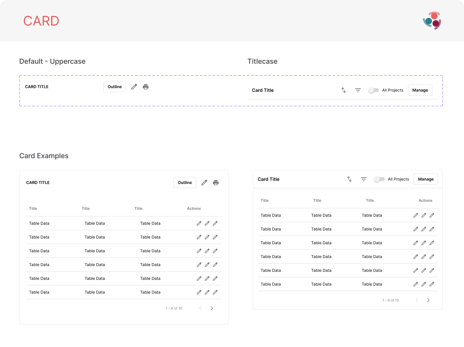 Simply Stakeholders card patterns showing headers, actions, tables, and pagination