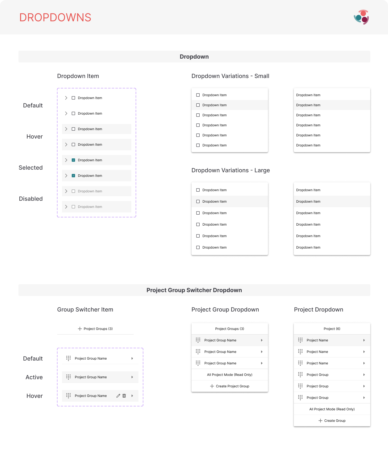 Simply Stakeholders dropdown patterns showing item states, size variations, and project group switching