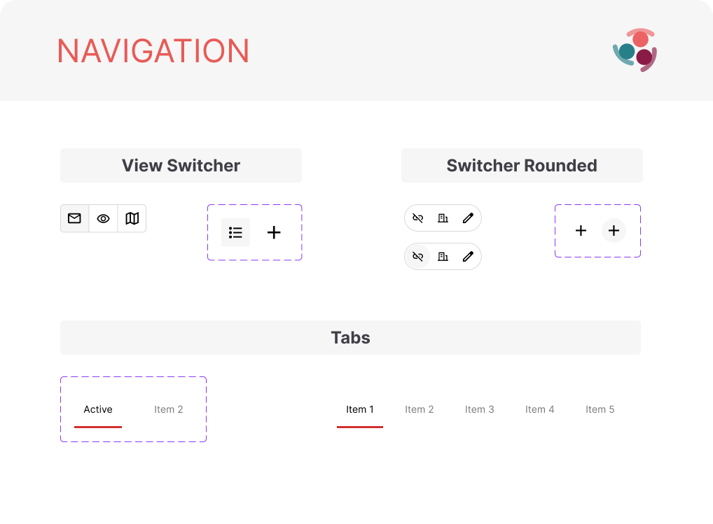 Simply Stakeholders navigation patterns showing view switchers, rounded switchers, and tabs