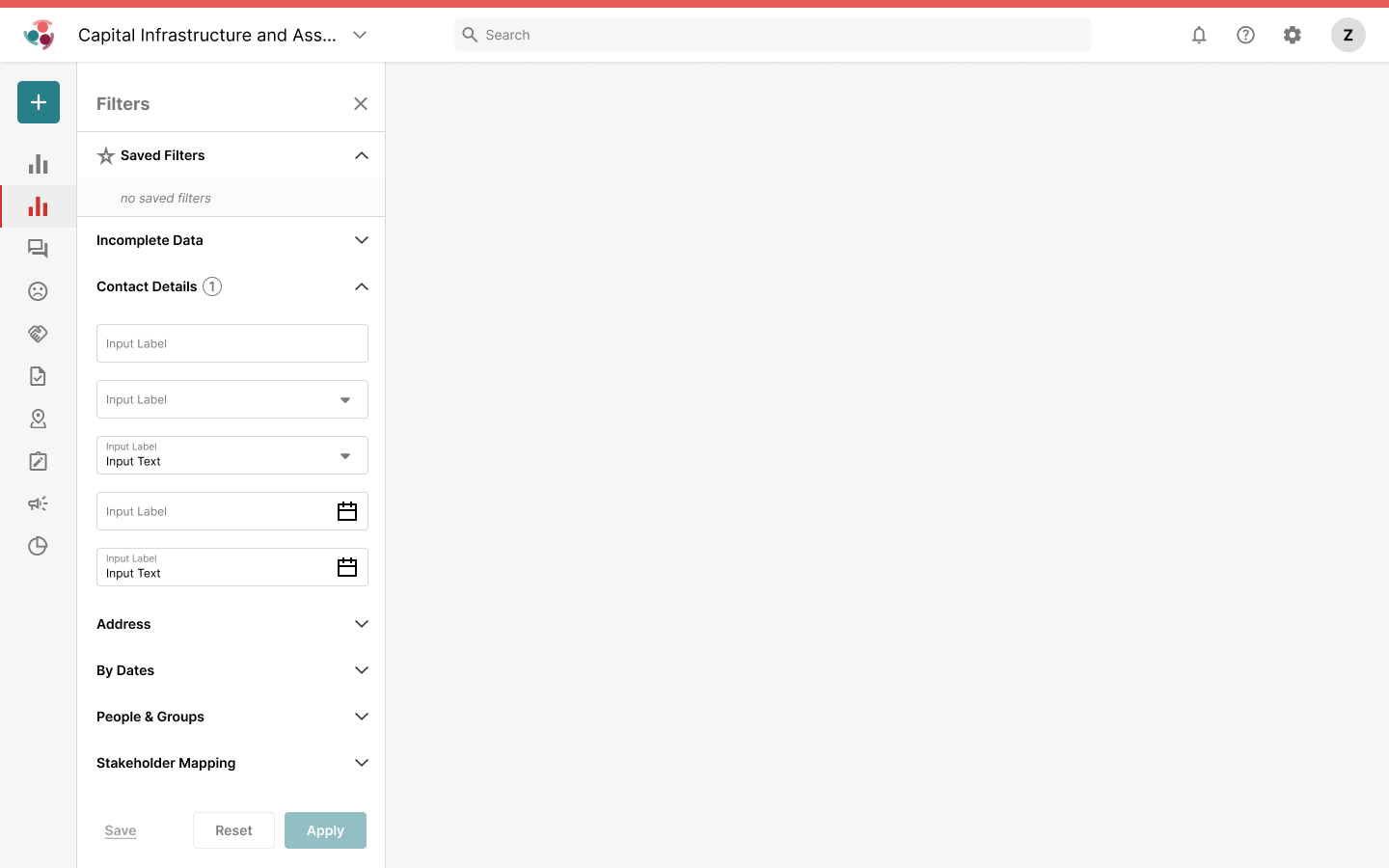 Simply Stakeholders product filter panel using shared input, disclosure, navigation, and action patterns