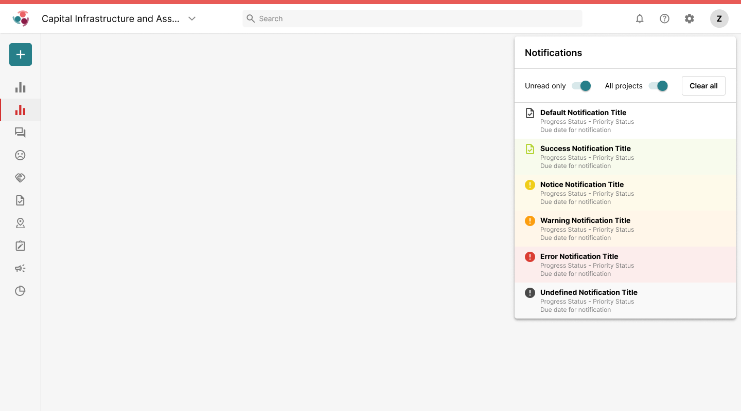 Simply Stakeholders notification popover showing filters and multiple semantic notification states