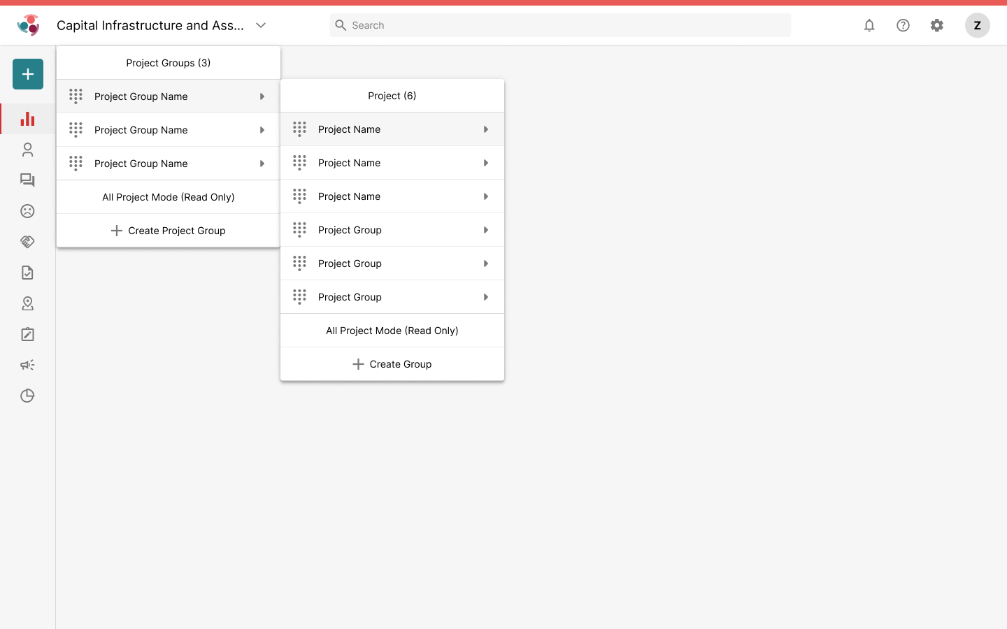 Simply Stakeholders application with an expanded project group and project switcher