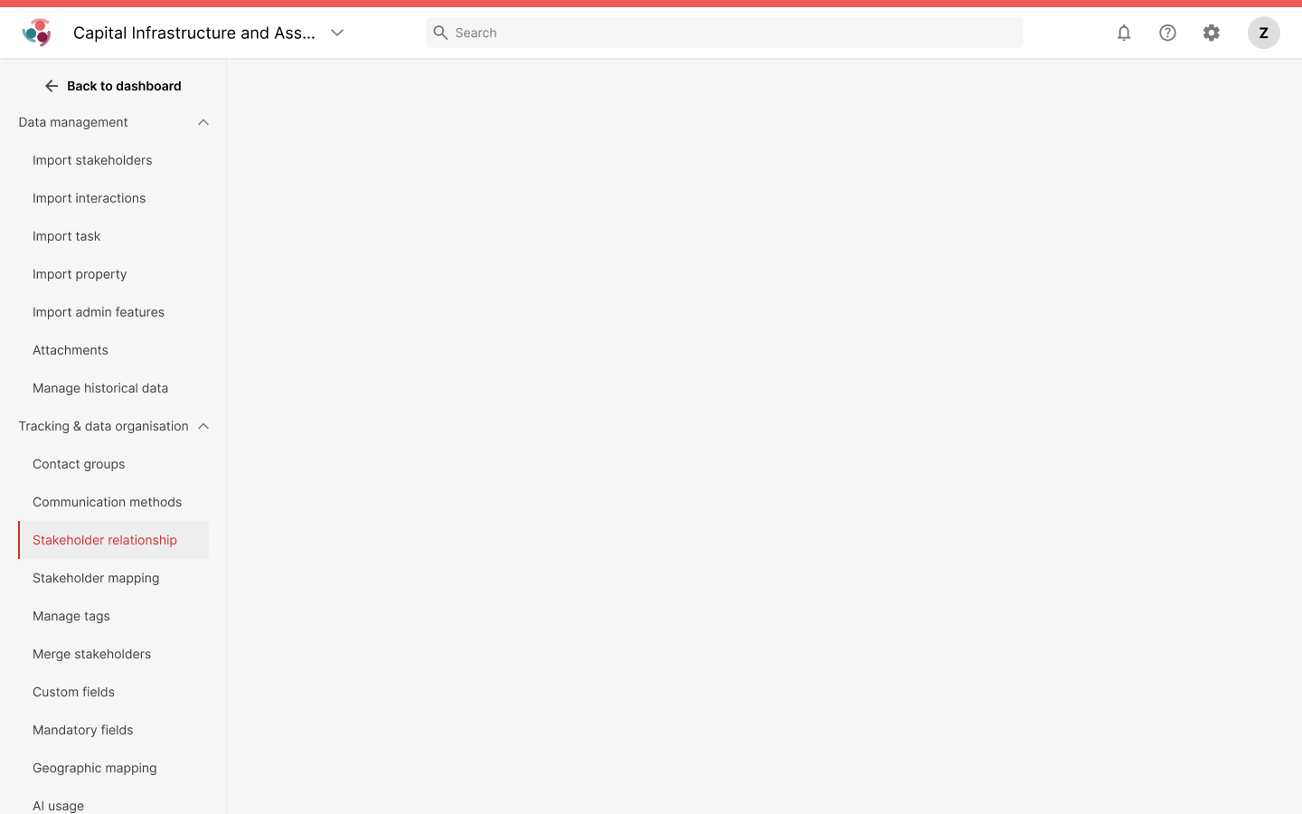 Simply Stakeholders administration page with grouped sidebar navigation and an active item
