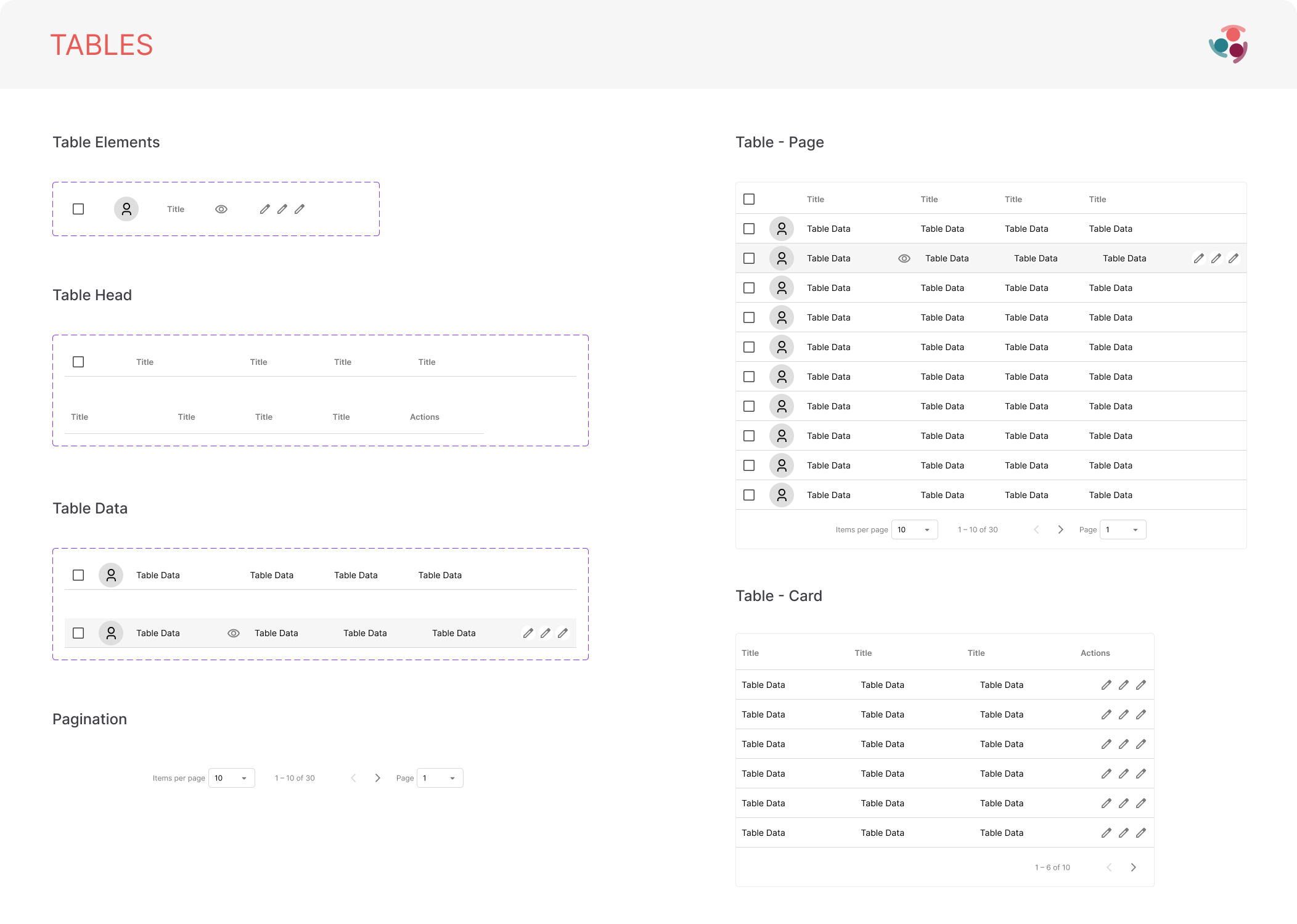 Simply Stakeholders table system showing row elements, headers, actions, pagination, page tables, and card tables