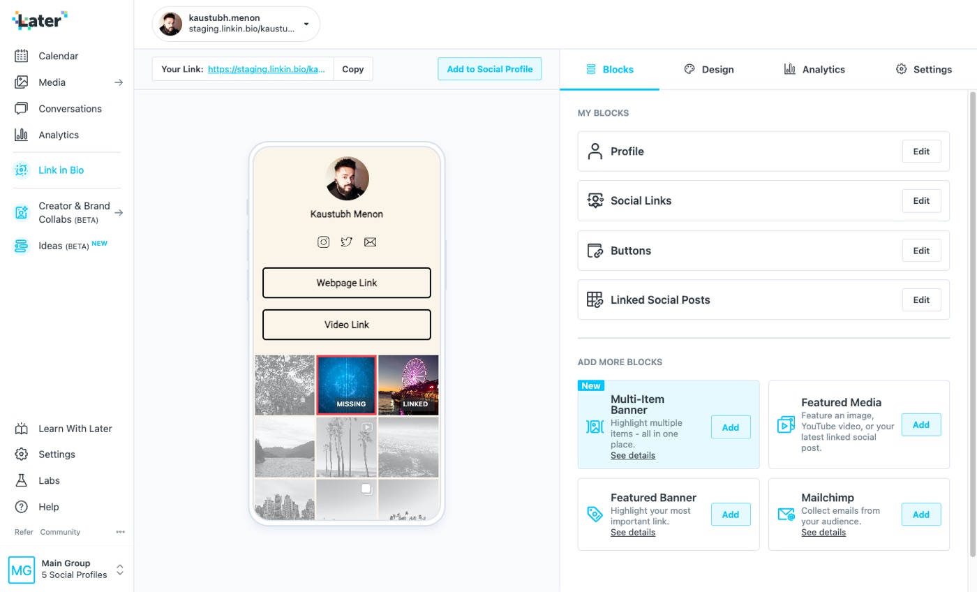 Linkin.bio editor showing page settings beside a live phone preview
