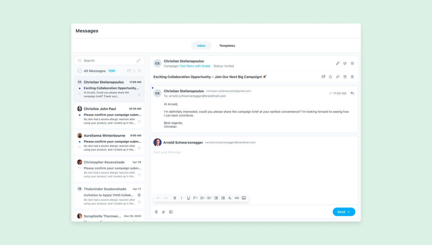 Later messaging inbox with conversation navigation and an inline reply composer