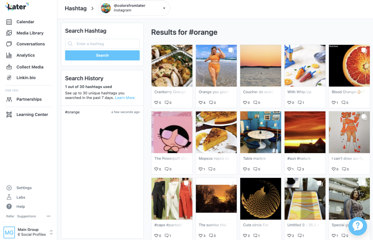 Later hashtag content discovery with search history and a media result grid