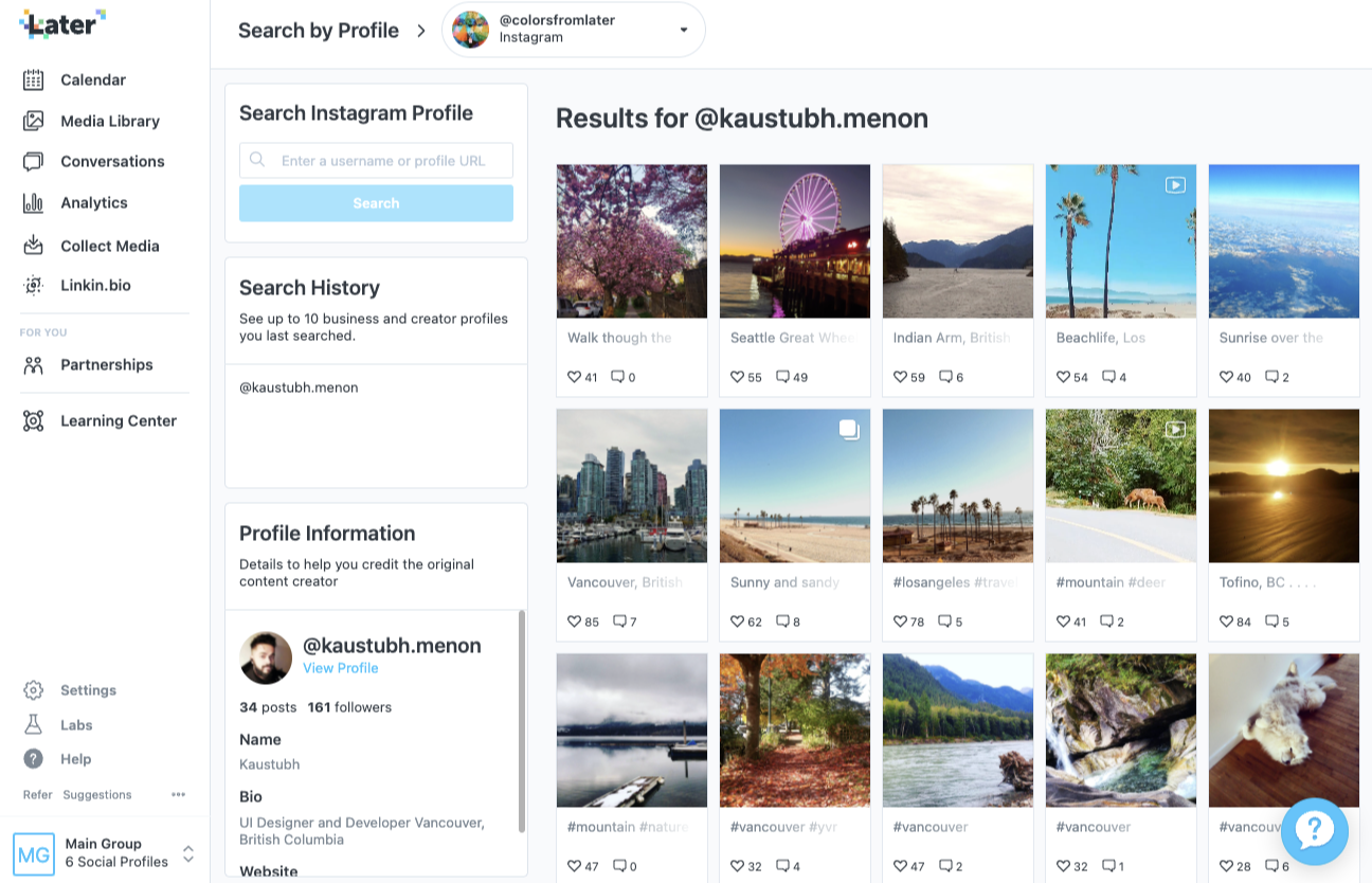 Later Instagram profile search with creator information and a media grid