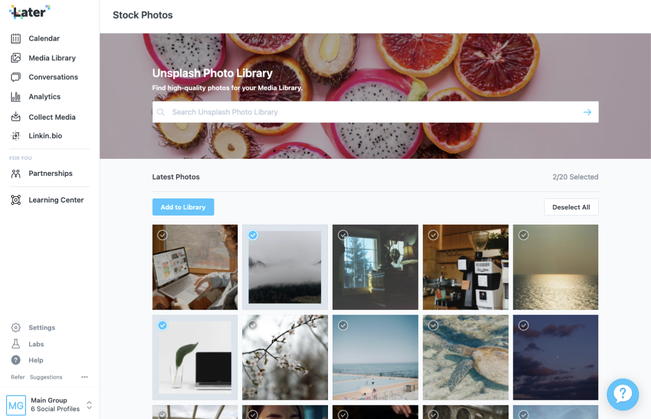 Later stock photo search with multi-selection and an Add to Library action