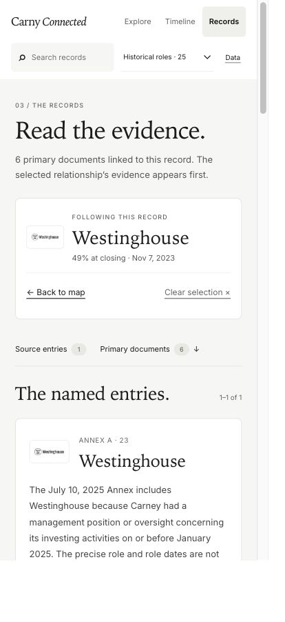 Mobile Records showing Westinghouse and direct source-section links