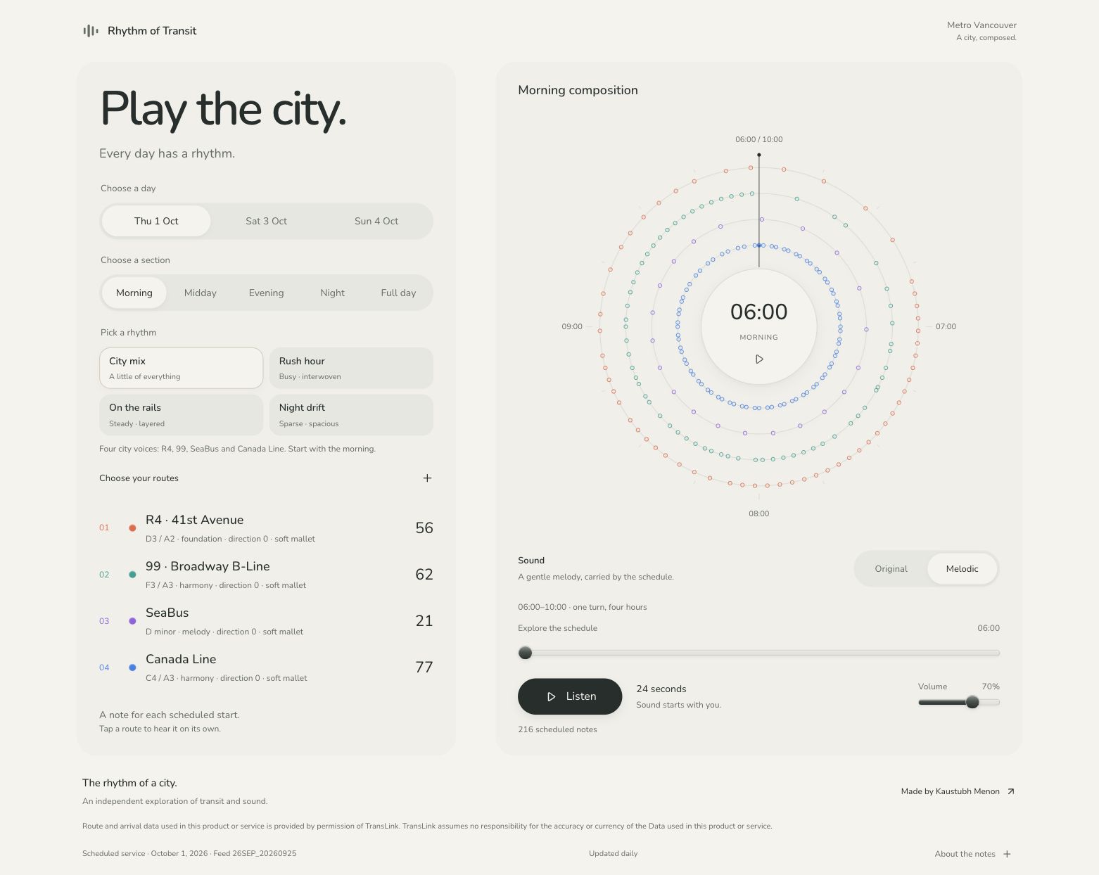 Rhythm of Transit showing route presets and four colourful schedule rings beside the clock and player controls